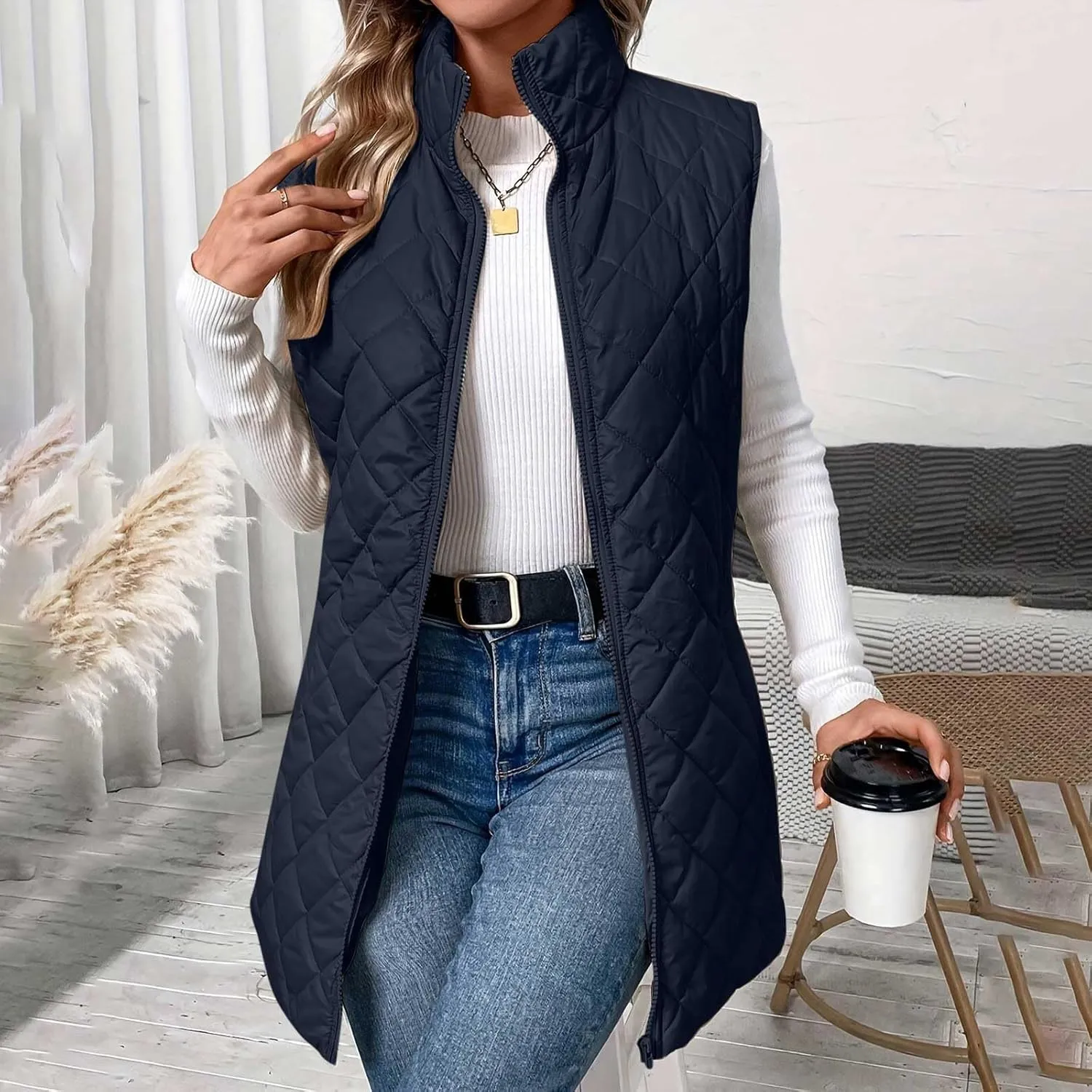 Women's Quilted Long Vest Basic Solid Color Lightweight Padded Gilet Petite Sleeveless Warm Coat Outerwear 2024
