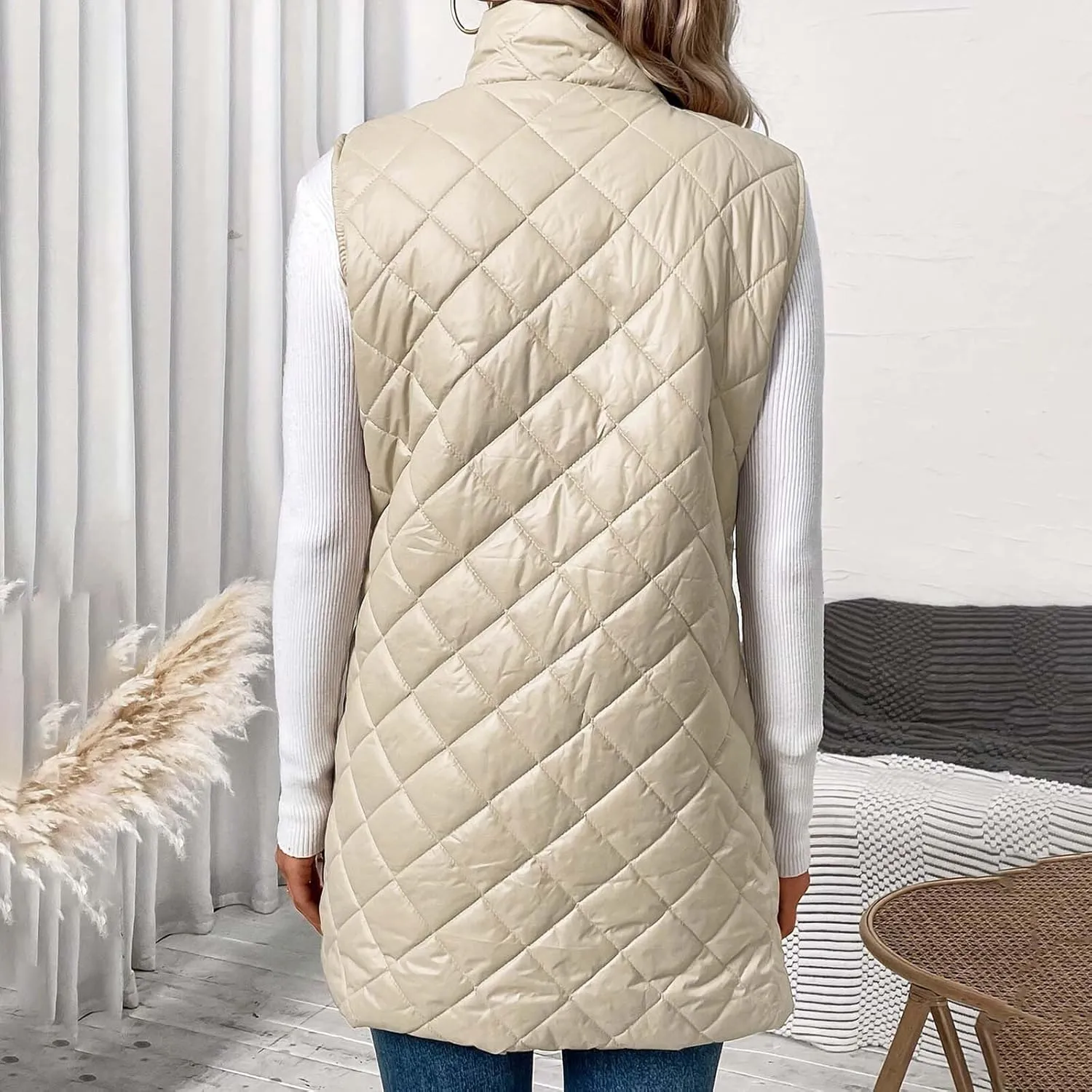 Women's Quilted Long Vest Basic Solid Color Lightweight Padded Gilet Petite Sleeveless Warm Coat Outerwear 2024