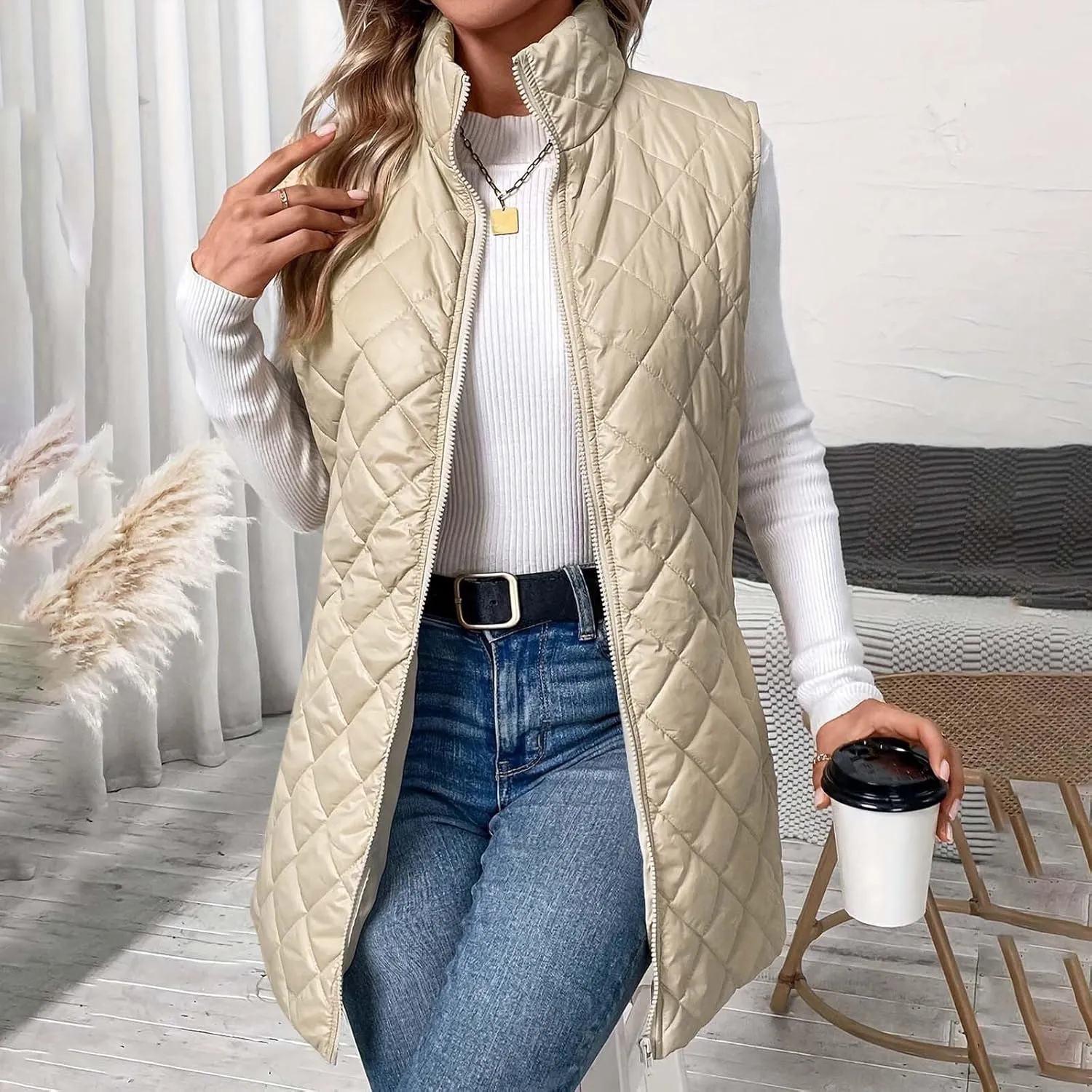 Women's Quilted Long Vest Basic Solid Color Lightweight Padded Gilet Petite Sleeveless Warm Coat Outerwear 2024