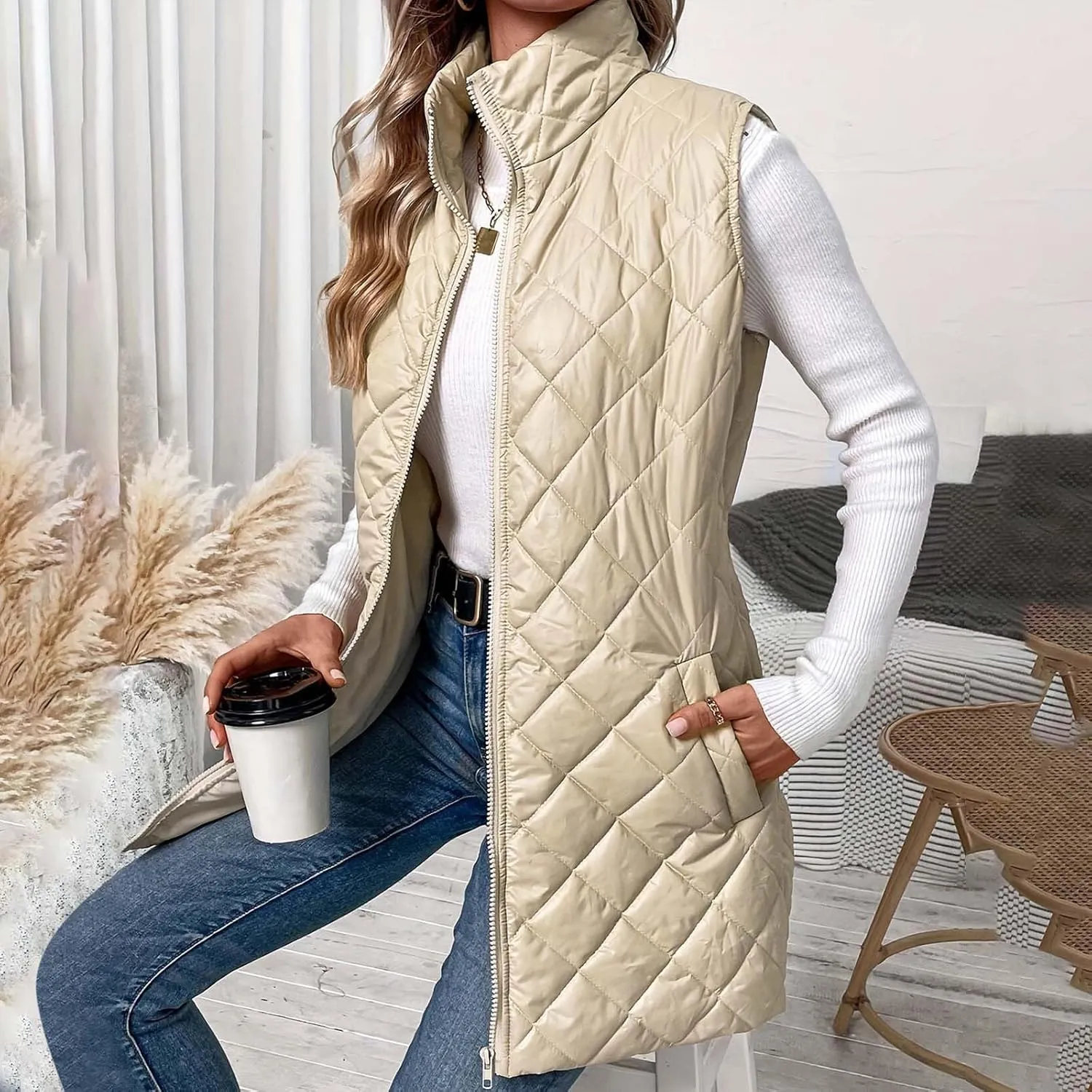 Women's Quilted Long Vest Basic Solid Color Lightweight Padded Gilet Petite Sleeveless Warm Coat Outerwear 2024