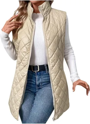Women's Quilted Long Vest Basic Solid Color Lightweight Padded Gilet Petite Sleeveless Warm Coat Outerwear 2024