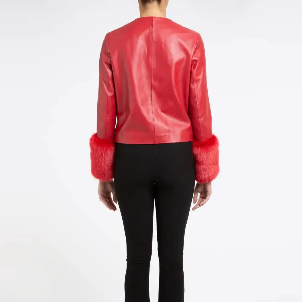 Women's Red Leather Biker Jacket with Faux Fur