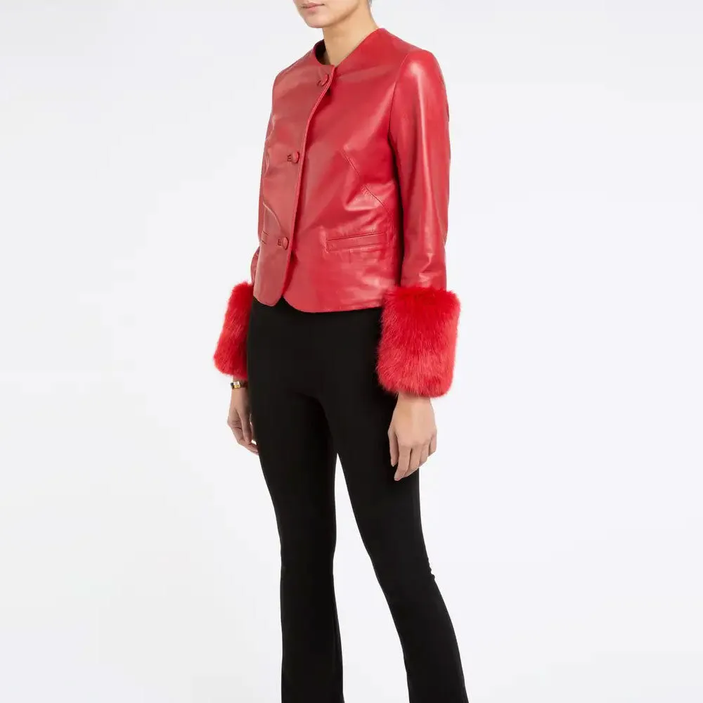 Women's Red Leather Biker Jacket with Faux Fur