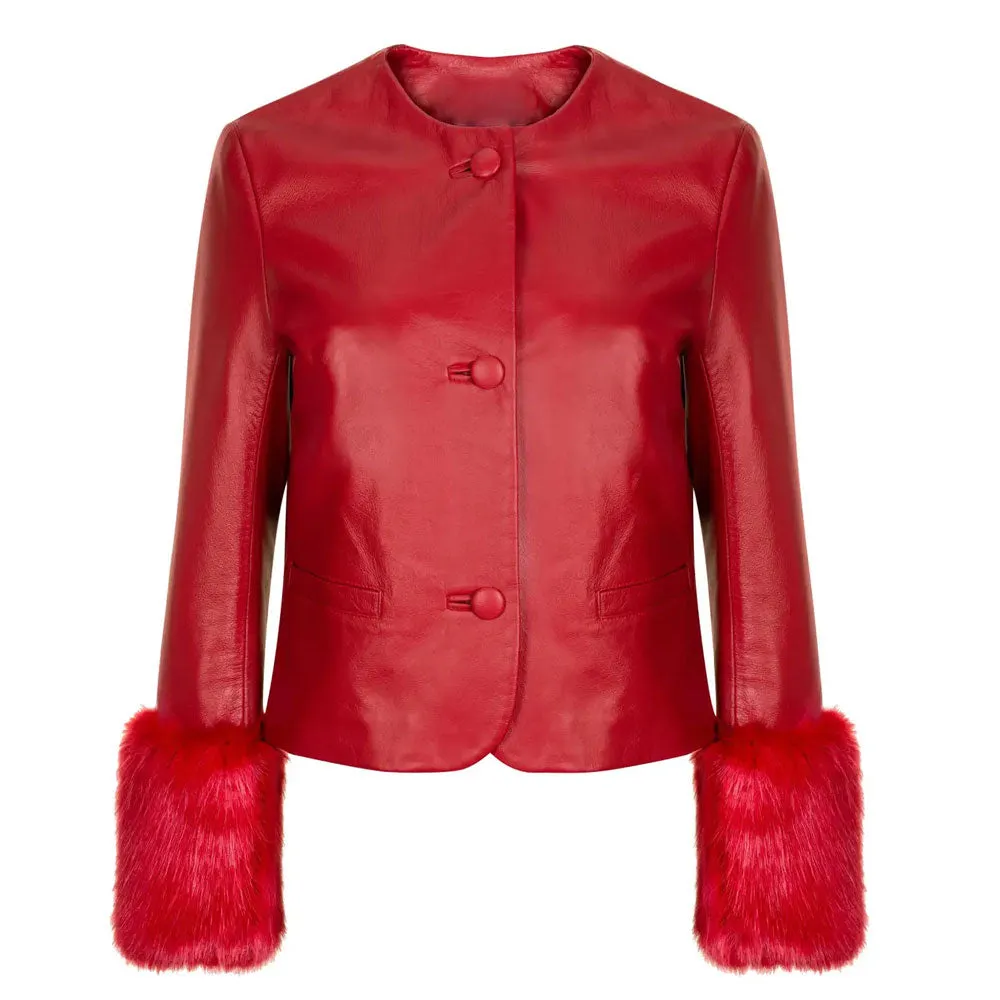 Women's Red Leather Biker Jacket with Faux Fur