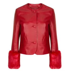 Women's Red Leather Biker Jacket with Faux Fur