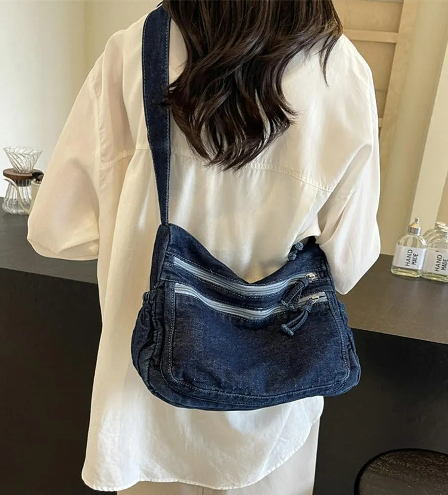 Women's Retro Large Canvas Denim Shoulder Bag Denim Crossbody Handbags Casual Style Lightweight Tote Purse
