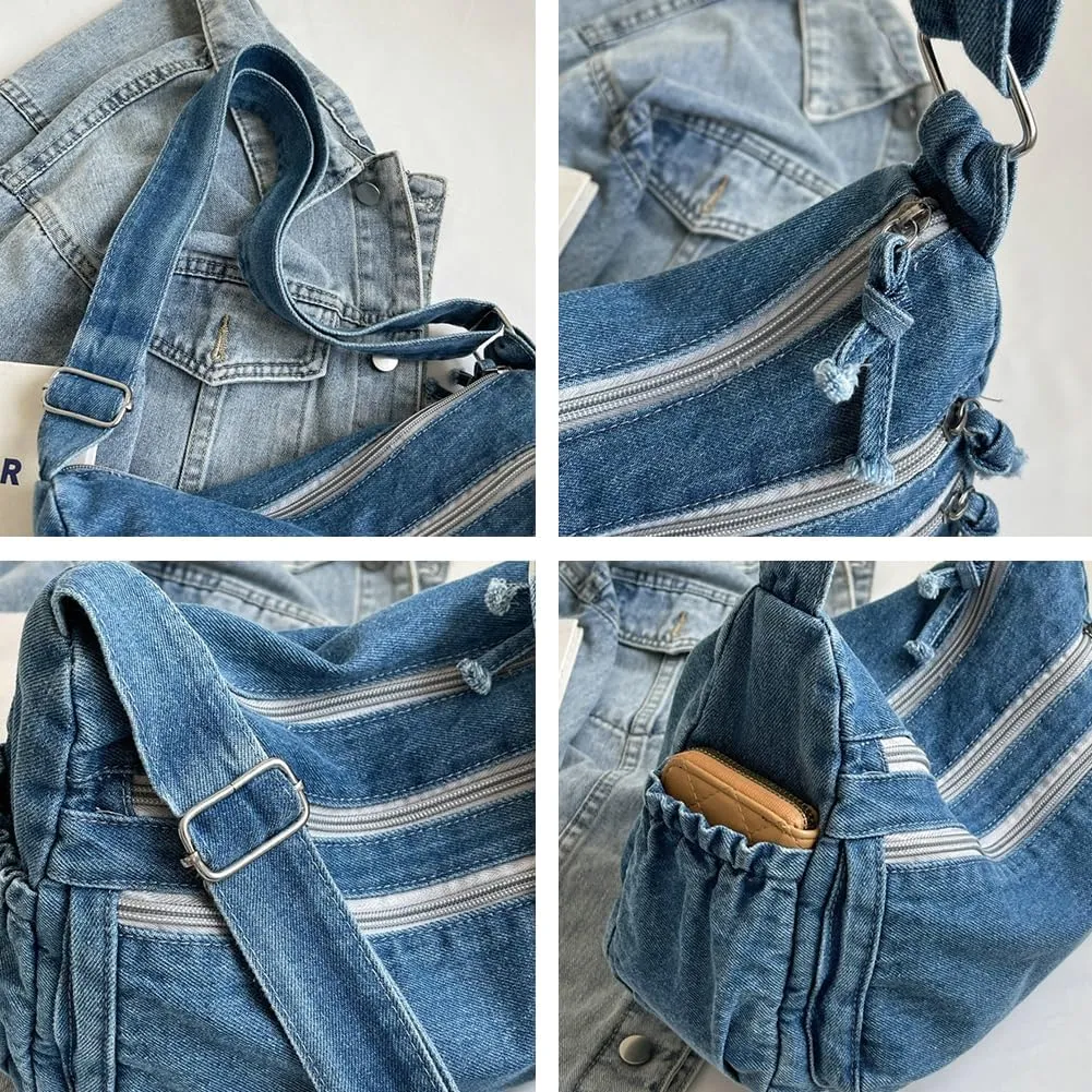 Women's Retro Large Canvas Denim Shoulder Bag Denim Crossbody Handbags Casual Style Lightweight Tote Purse