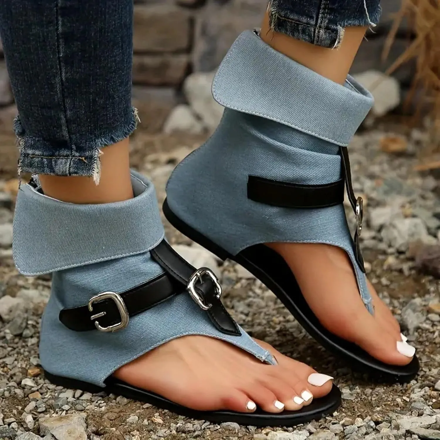 Womens Sandals Gladiator Casual Fringe Flat Sandals Booties Clip Toe Denim Retro Thong Flip Flops Comfort Roman Shoes
