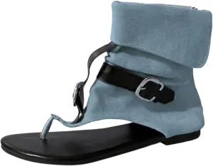 Womens Sandals Gladiator Casual Fringe Flat Sandals Booties Clip Toe Denim Retro Thong Flip Flops Comfort Roman Shoes
