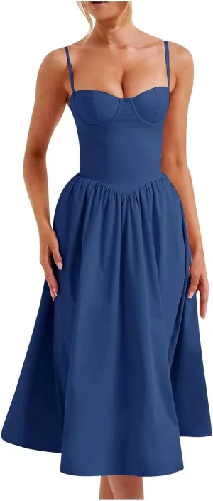 Womens Sexy Square Neck Corset Dress Sleeveless Spaghetti Strap Bustier Midi Dresses Backless Cottagecore Sundresses