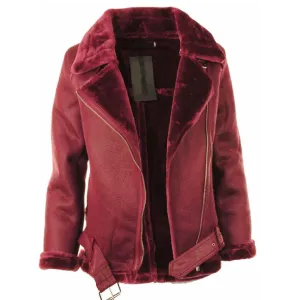 Womens Shearling Faux Fur Collar Faux Leather Biker Aviator Jacket Coat
