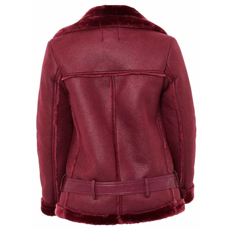 Womens Shearling Faux Fur Collar Faux Leather Biker Aviator Jacket Coat