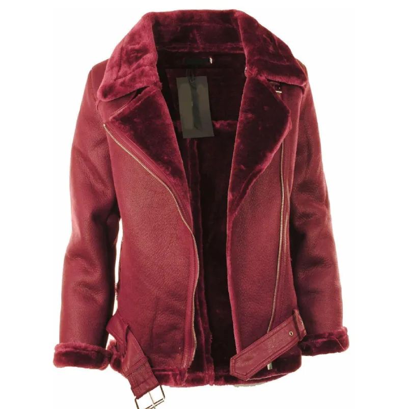 Womens Shearling Faux Fur Collar Faux Leather Biker Aviator Jacket Coat