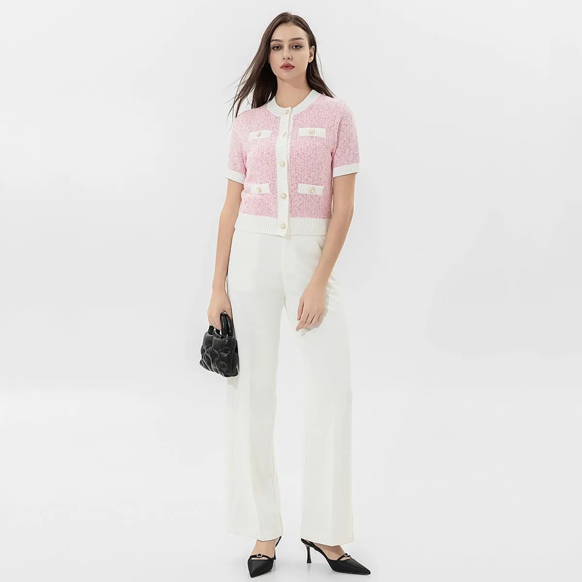 Womens Short Sleeve Cardigans Tops Summer Button Up Work Cropped Sweater Shirts 2025