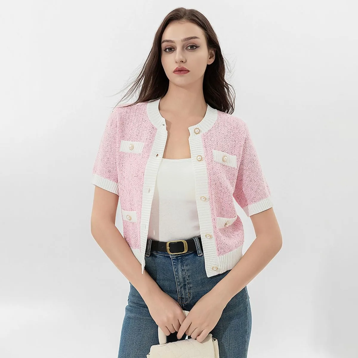 Womens Short Sleeve Cardigans Tops Summer Button Up Work Cropped Sweater Shirts 2025