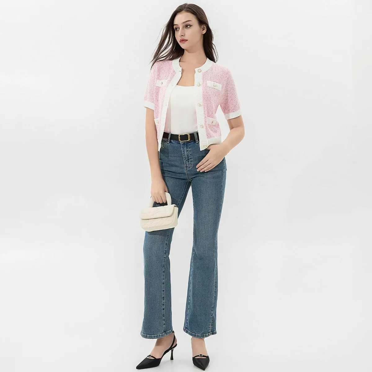 Womens Short Sleeve Cardigans Tops Summer Button Up Work Cropped Sweater Shirts 2025