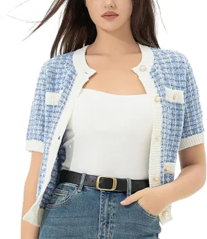 Womens Short Sleeve Cardigans Tops Summer Button Up Work Cropped Sweater Shirts 2025
