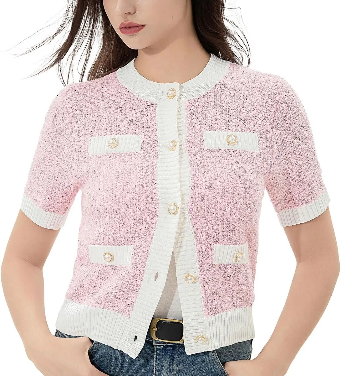 Womens Short Sleeve Cardigans Tops Summer Button Up Work Cropped Sweater Shirts 2025