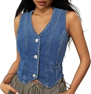 Womens Sleeveless Denim Vest V-Neck Button Down Jean Waistcoat Summer Jacket Crop Tops Western Trendy Outfits