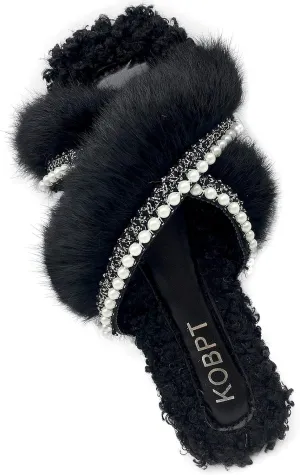 Women's Slippers Fluffy Plush Cozy Open Toe Cross Band Indoor Outdoor Shoe