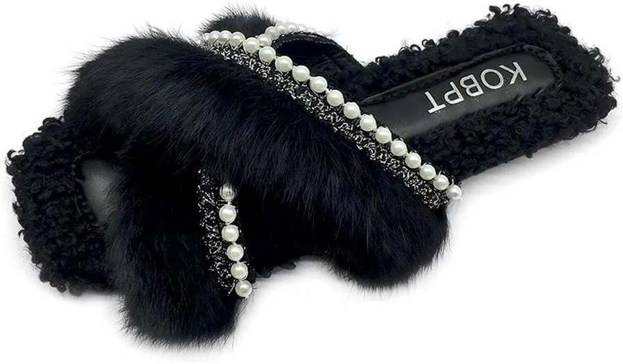 Women's Slippers Fluffy Plush Cozy Open Toe Cross Band Indoor Outdoor Shoe
