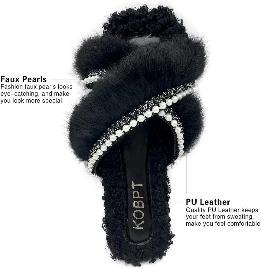 Women's Slippers Fluffy Plush Cozy Open Toe Cross Band Indoor Outdoor Shoe