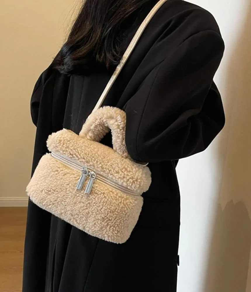 Women's Soft Faux Fur Crossbody Bag Fluffy Top Handle Shoulder Bag Fall Winter Handbag Small Plush Furry Bucket Purse