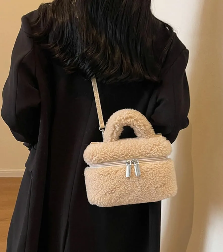 Women's Soft Faux Fur Crossbody Bag Fluffy Top Handle Shoulder Bag Fall Winter Handbag Small Plush Furry Bucket Purse