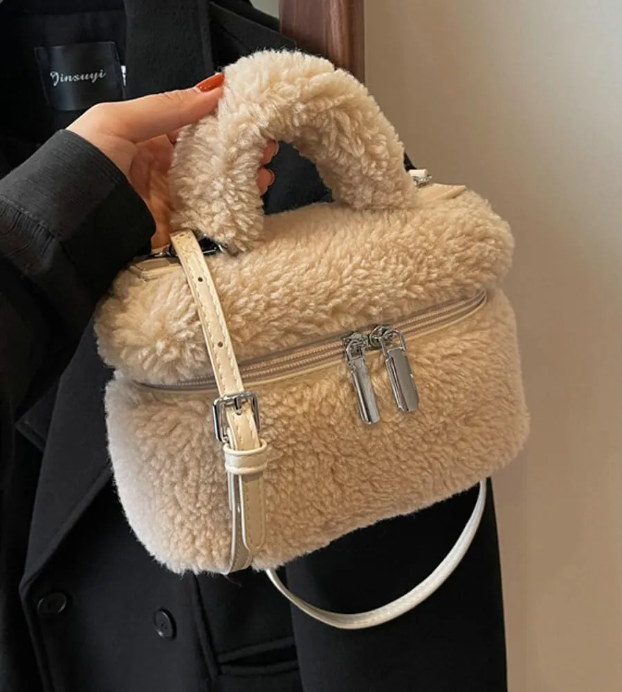 Women's Soft Faux Fur Crossbody Bag Fluffy Top Handle Shoulder Bag Fall Winter Handbag Small Plush Furry Bucket Purse