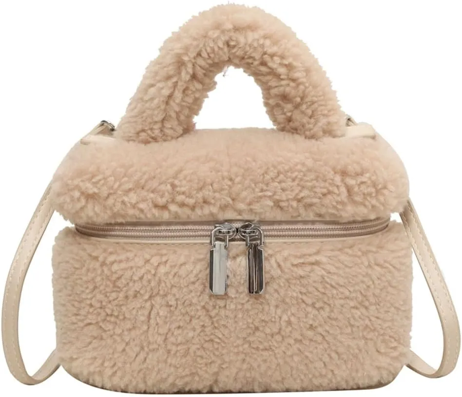 Women's Soft Faux Fur Crossbody Bag Fluffy Top Handle Shoulder Bag Fall Winter Handbag Small Plush Furry Bucket Purse
