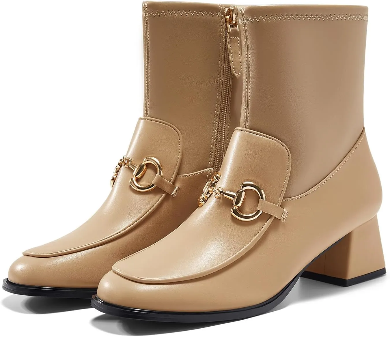 Womens Square Toe Ankle Boots Chunky Low Heel Metal Chain Side Zipper Dress Fall Booties Shoes