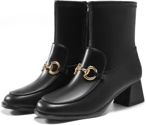 Womens Square Toe Ankle Boots Chunky Low Heel Metal Chain Side Zipper Dress Fall Booties Shoes