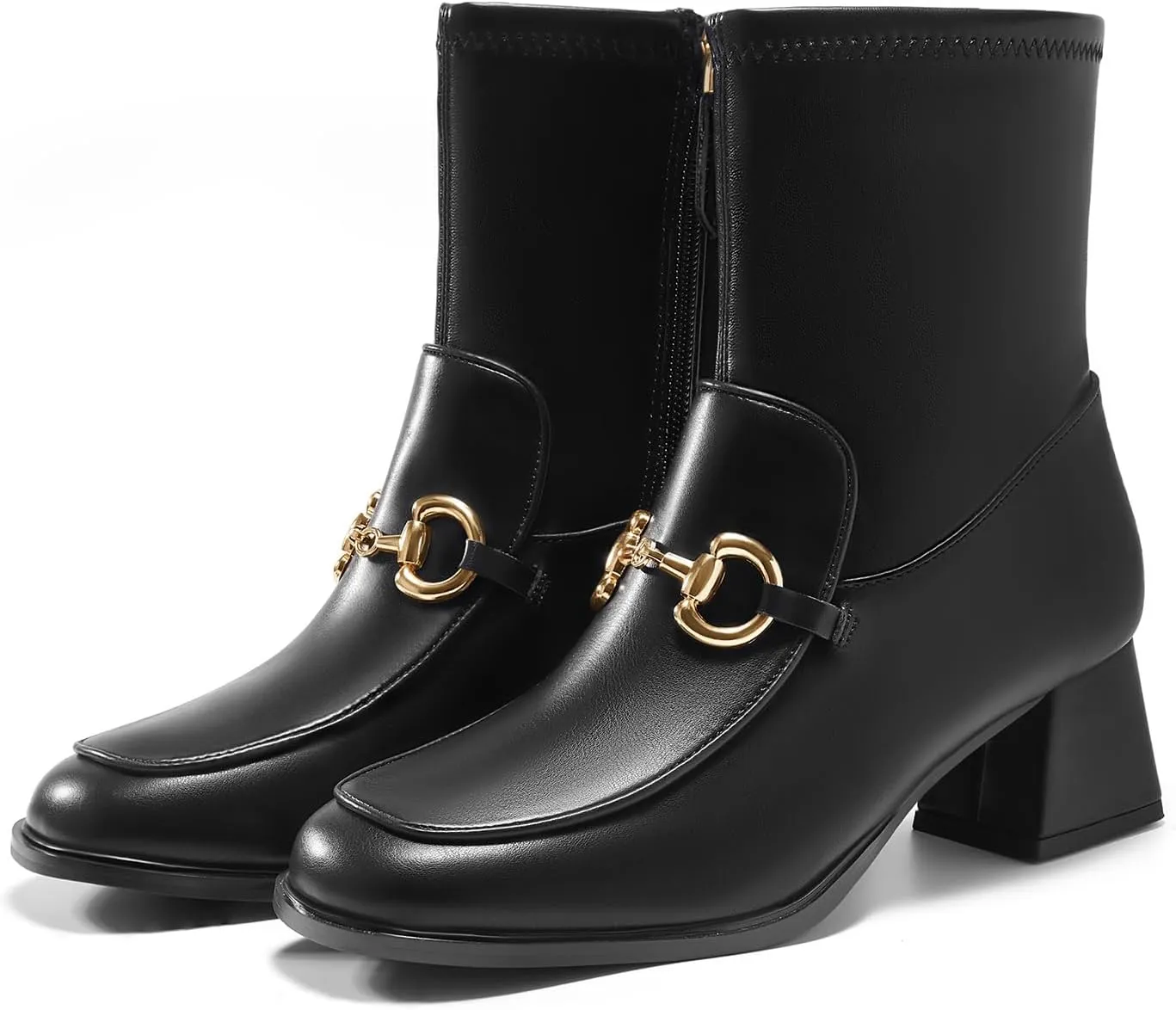Womens Square Toe Ankle Boots Chunky Low Heel Metal Chain Side Zipper Dress Fall Booties Shoes