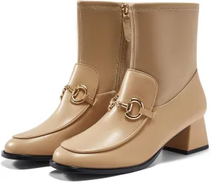 Womens Square Toe Ankle Boots Chunky Low Heel Metal Chain Side Zipper Dress Fall Booties Shoes