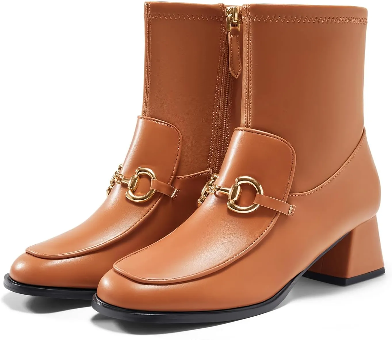 Womens Square Toe Ankle Boots Chunky Low Heel Metal Chain Side Zipper Dress Fall Booties Shoes