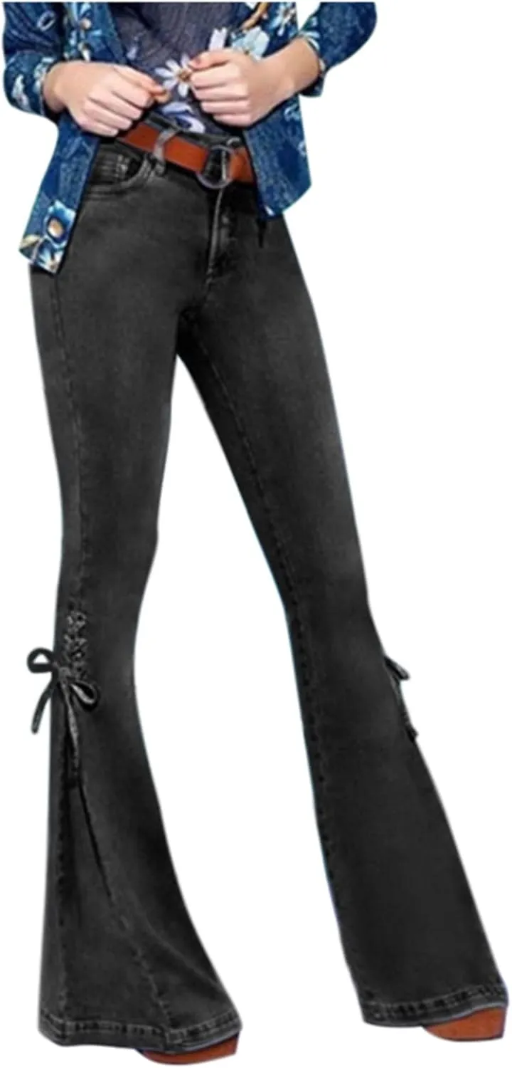 Womens Stretchy Denim Pants Curvy Slim Fit Butt Lifting Denim Skinny Jeans Flare Denim Pants Trouser Leg Tie Up