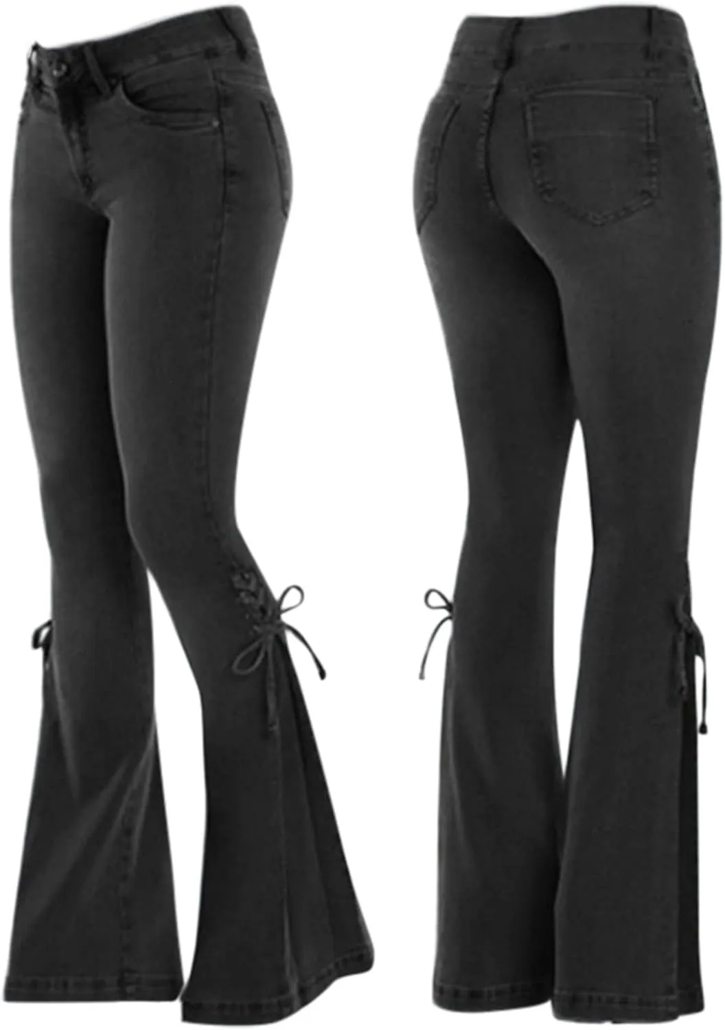 Womens Stretchy Denim Pants Curvy Slim Fit Butt Lifting Denim Skinny Jeans Flare Denim Pants Trouser Leg Tie Up
