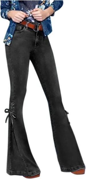 Womens Stretchy Denim Pants Curvy Slim Fit Butt Lifting Denim Skinny Jeans Flare Denim Pants Trouser Leg Tie Up