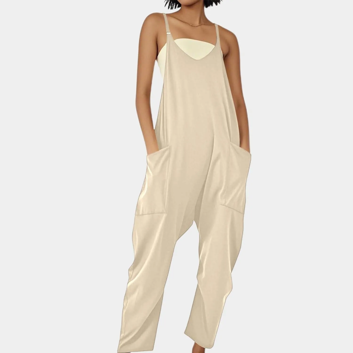 Women's Summer Causal Jumpsuits Sleeveless V Neck Spaghetti Straps Harem Long Pants Overalls With Pockets