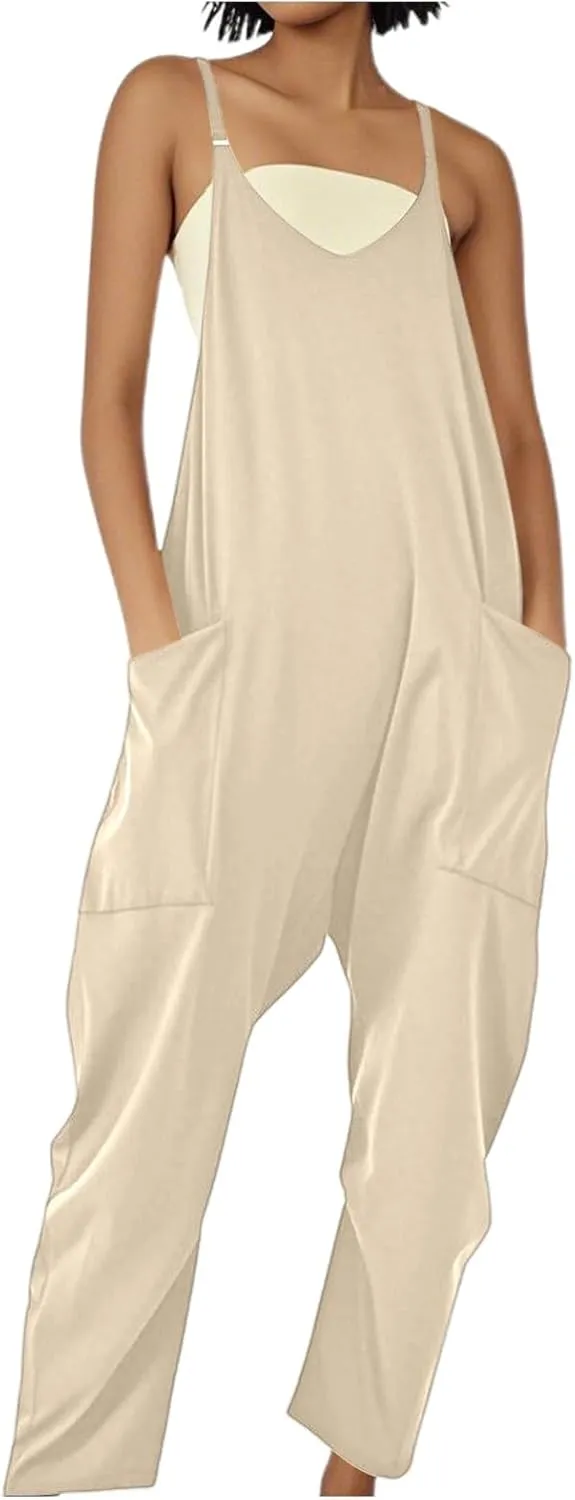 Women's Summer Causal Jumpsuits Sleeveless V Neck Spaghetti Straps Harem Long Pants Overalls With Pockets