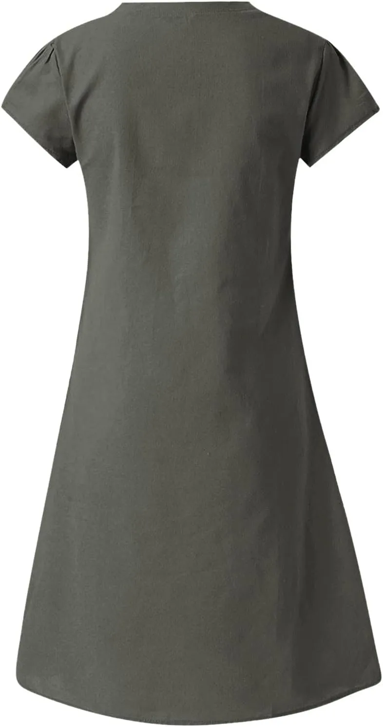 Womens Summer Short Sleeve Cotton Linen Dress Solid Loose V-Neck Shirt Dress Midi Length Vocation Beach Dress