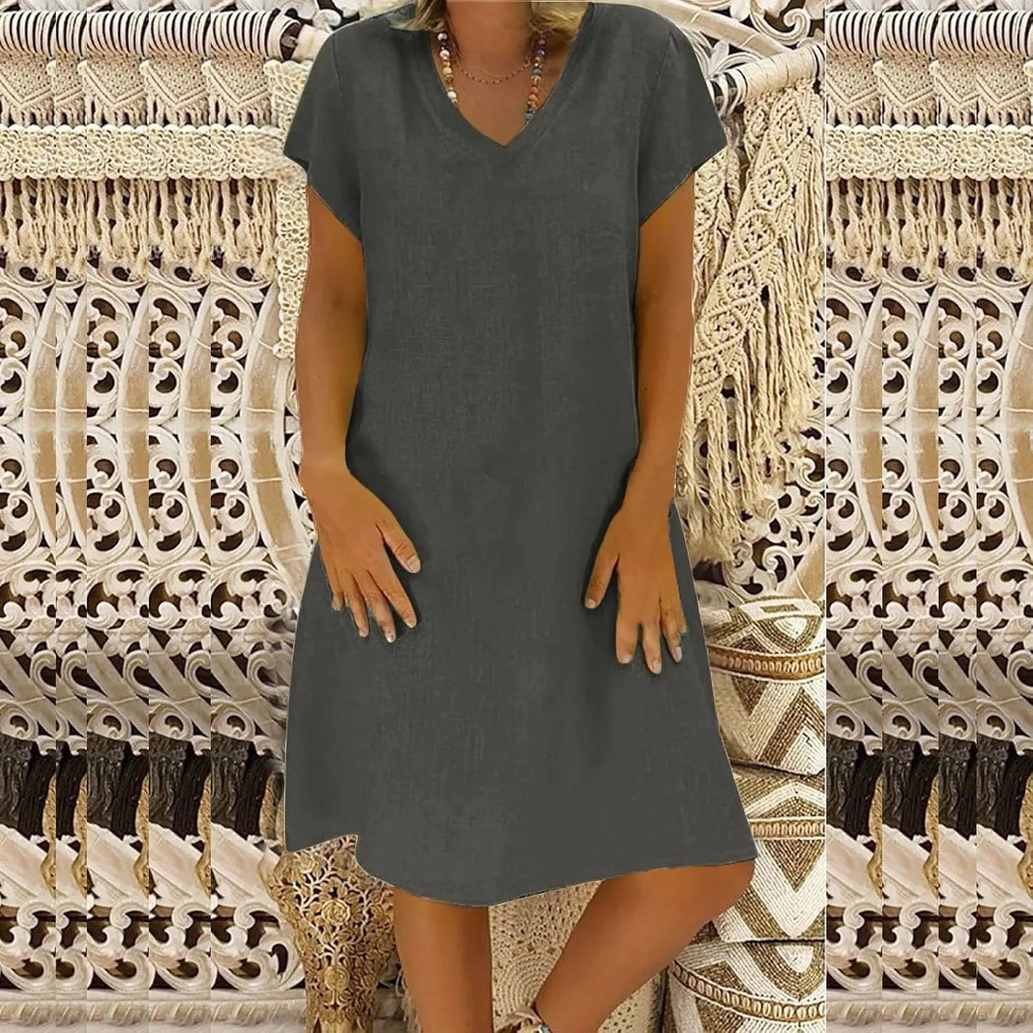 Womens Summer Short Sleeve Cotton Linen Dress Solid Loose V-Neck Shirt Dress Midi Length Vocation Beach Dress