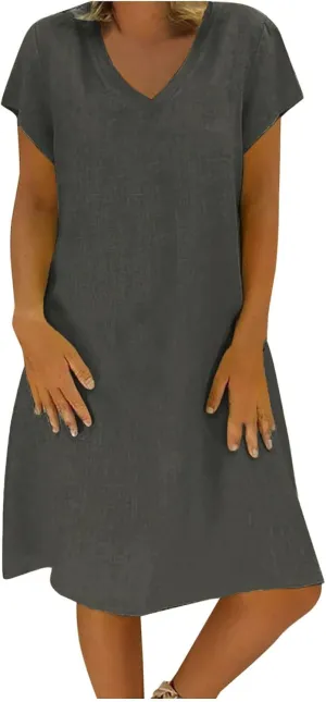 Womens Summer Short Sleeve Cotton Linen Dress Solid Loose V-Neck Shirt Dress Midi Length Vocation Beach Dress