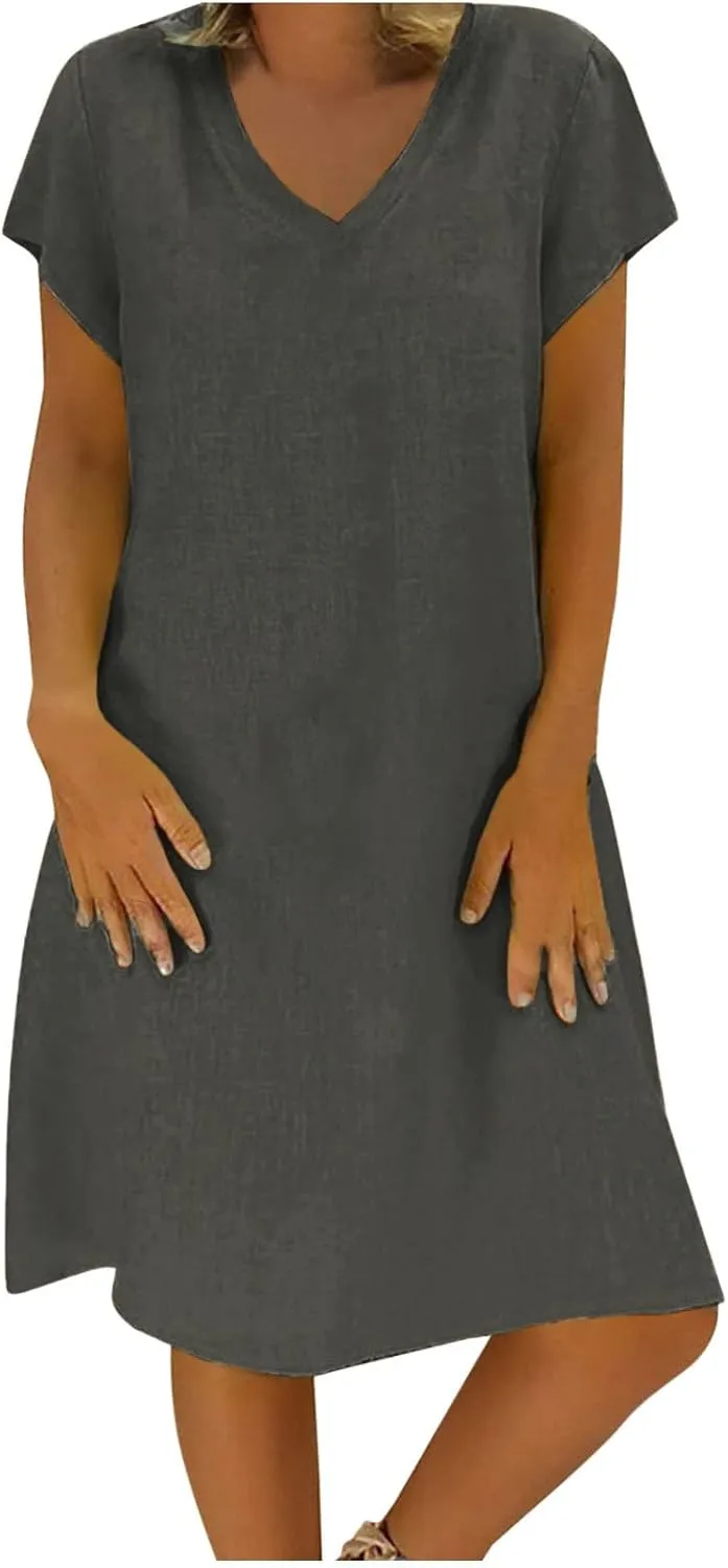 Womens Summer Short Sleeve Cotton Linen Dress Solid Loose V-Neck Shirt Dress Midi Length Vocation Beach Dress