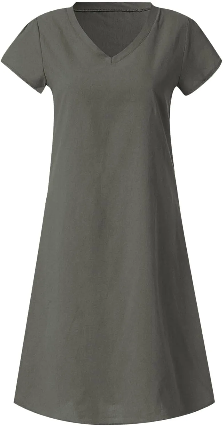 Womens Summer Short Sleeve Cotton Linen Dress Solid Loose V-Neck Shirt Dress Midi Length Vocation Beach Dress