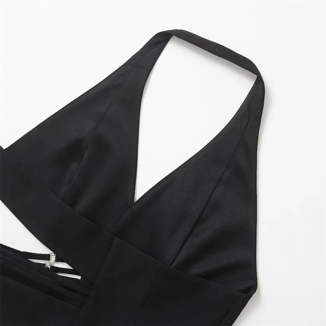 Women's V-Neck Halter Sleeveless Waist Metal Appliqué Hollow Backless Suspender Strap Vest Tops