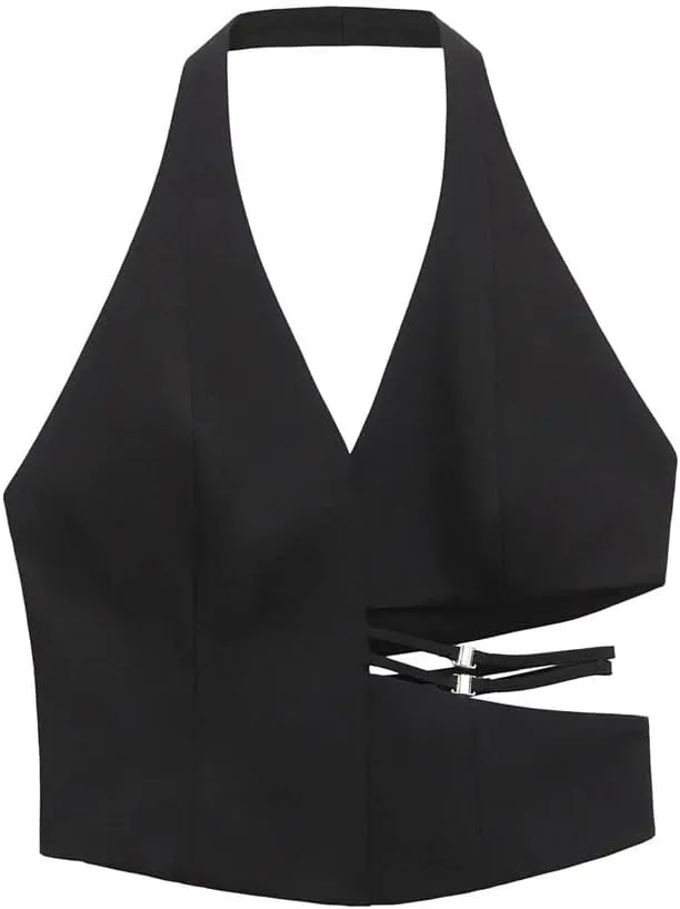 Women's V-Neck Halter Sleeveless Waist Metal Appliqué Hollow Backless Suspender Strap Vest Tops