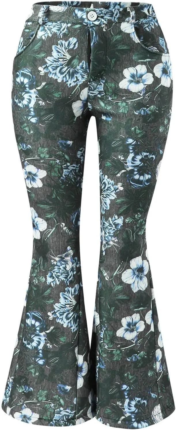 Womens Vintage Floral Print Flare Denim Pants Bell Bottom Jeans Curvy Slim Fit Butt Lifting Denim Skinny Jeans