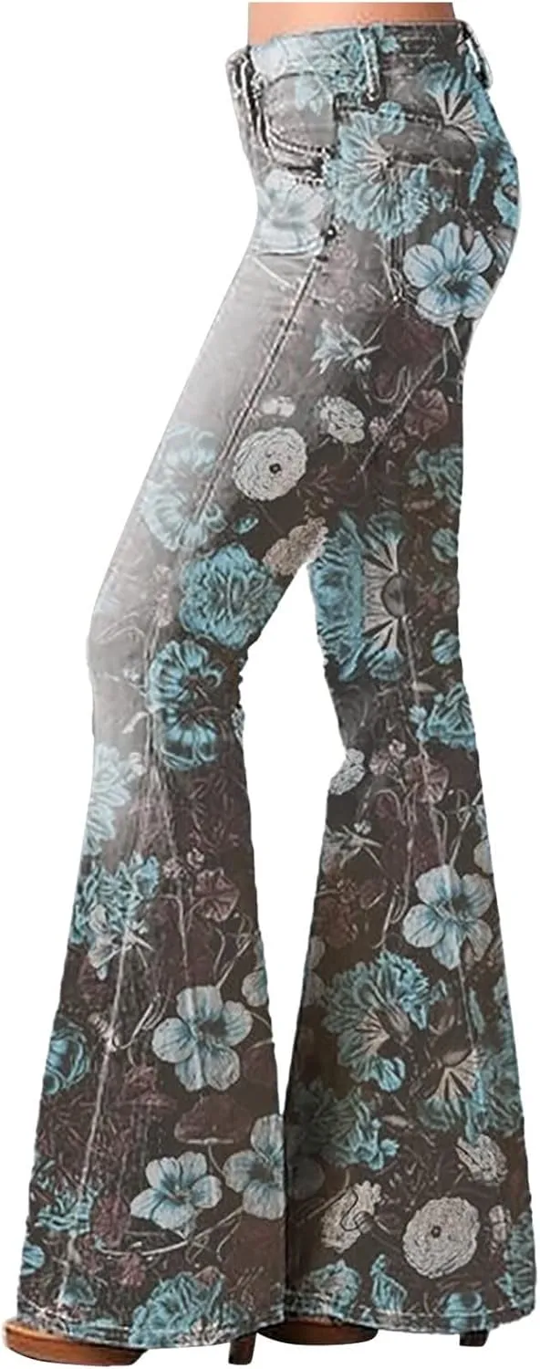 Womens Vintage Floral Print Flare Denim Pants Bell Bottom Jeans Curvy Slim Fit Butt Lifting Denim Skinny Jeans