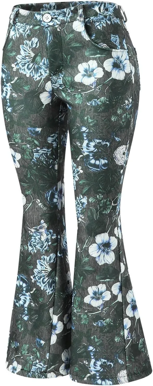 Womens Vintage Floral Print Flare Denim Pants Bell Bottom Jeans Curvy Slim Fit Butt Lifting Denim Skinny Jeans